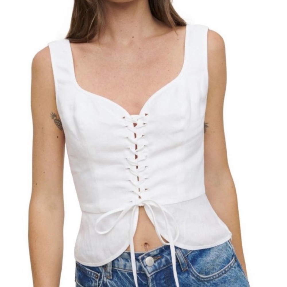 Reformation White Lace-Up Linen Corset Top
